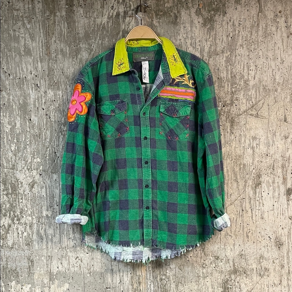 ORIGAMI CRANE Women's Long Flannel Shirt Size L In Green